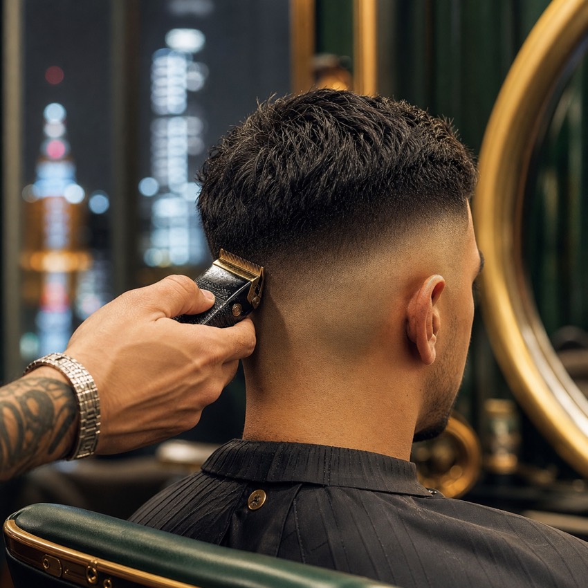 Close-up of a precise fade haircut